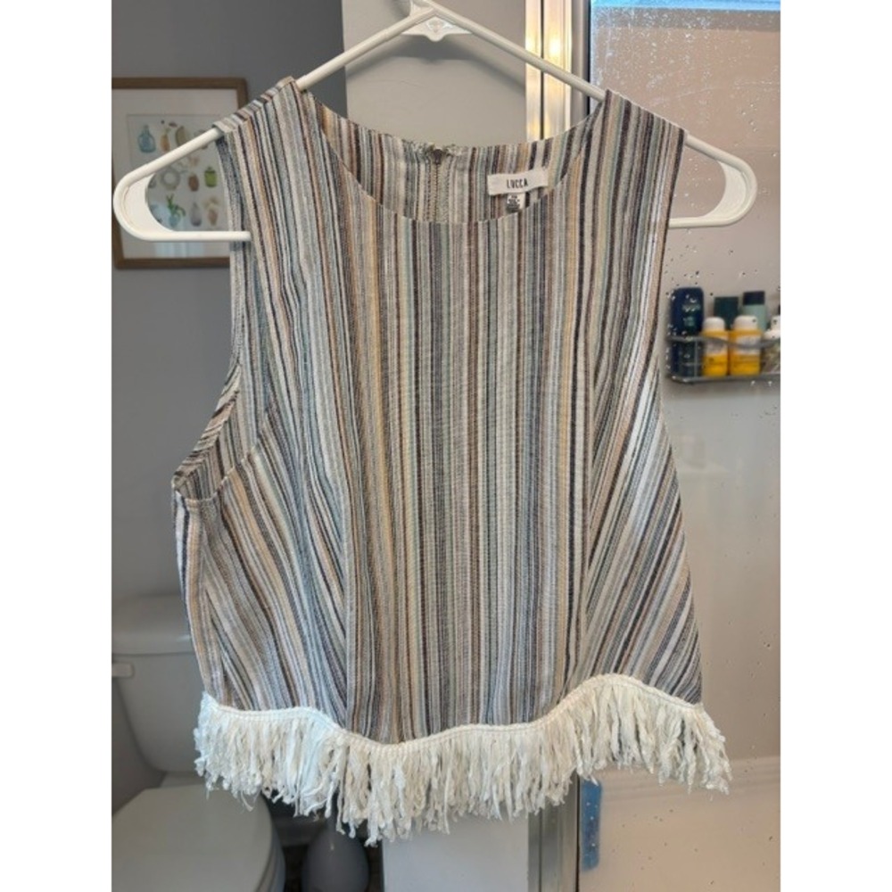 Lucca Womens Striped Fringe Hem Crop Top XS Cotton Hemp Sleeveless Boho PDT1199